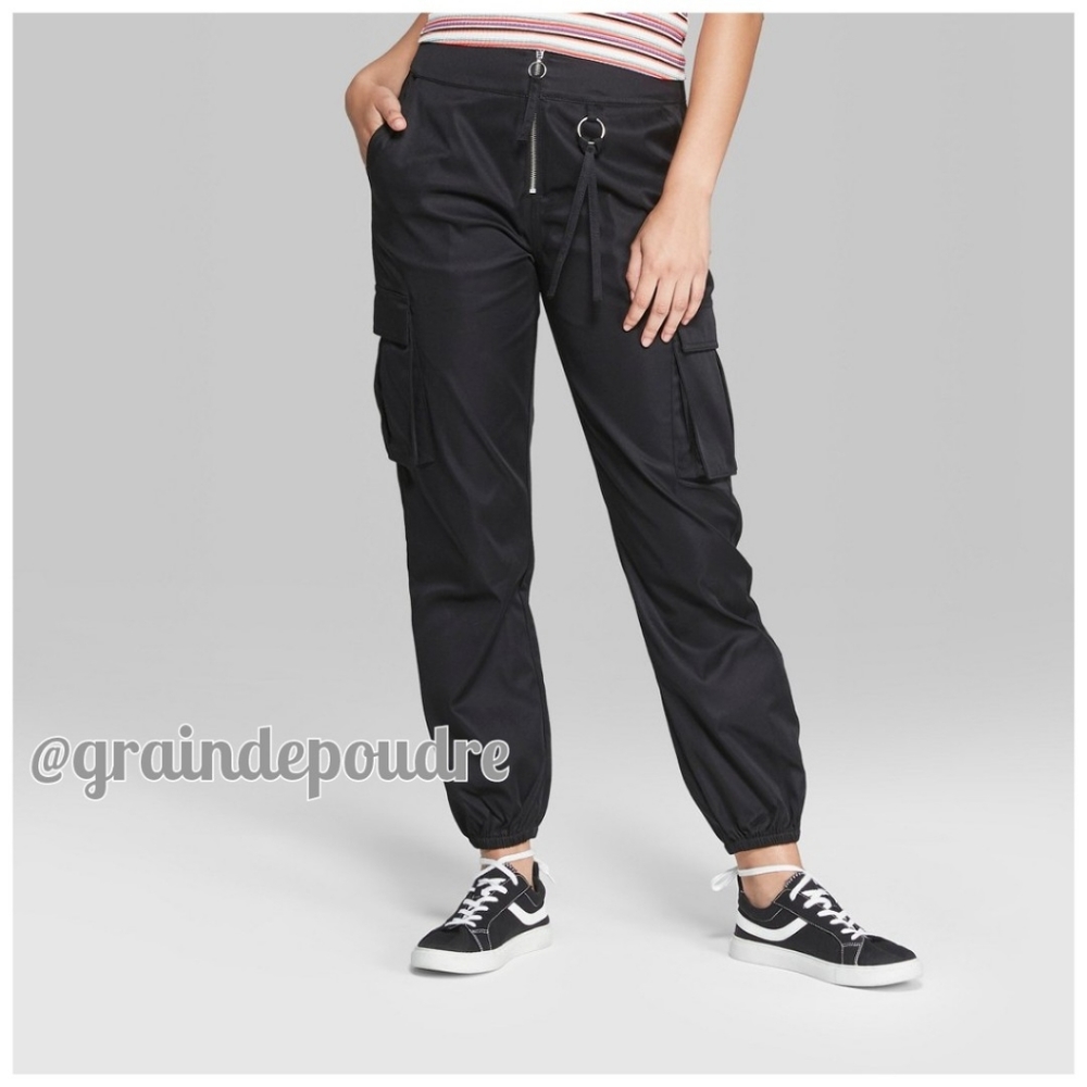 New! Wild Fable Target Black Satin O Ring Front Zipper Cargo Pants 00 XS